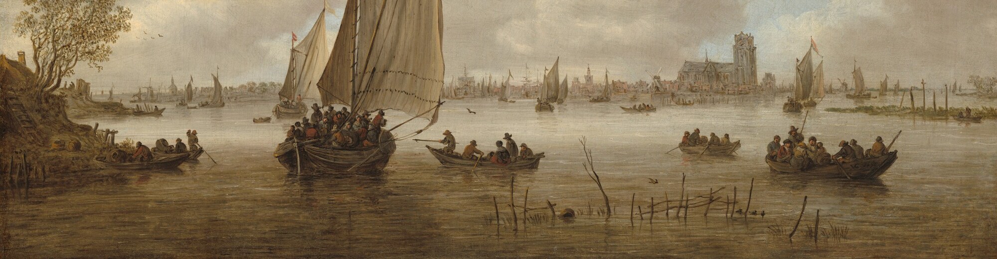 The lower quarter of the painting is essentially a tonal mirror , pale ochre and grey tones blend sky and river, creating the sense of infinite flatness unique to Dutch river views.