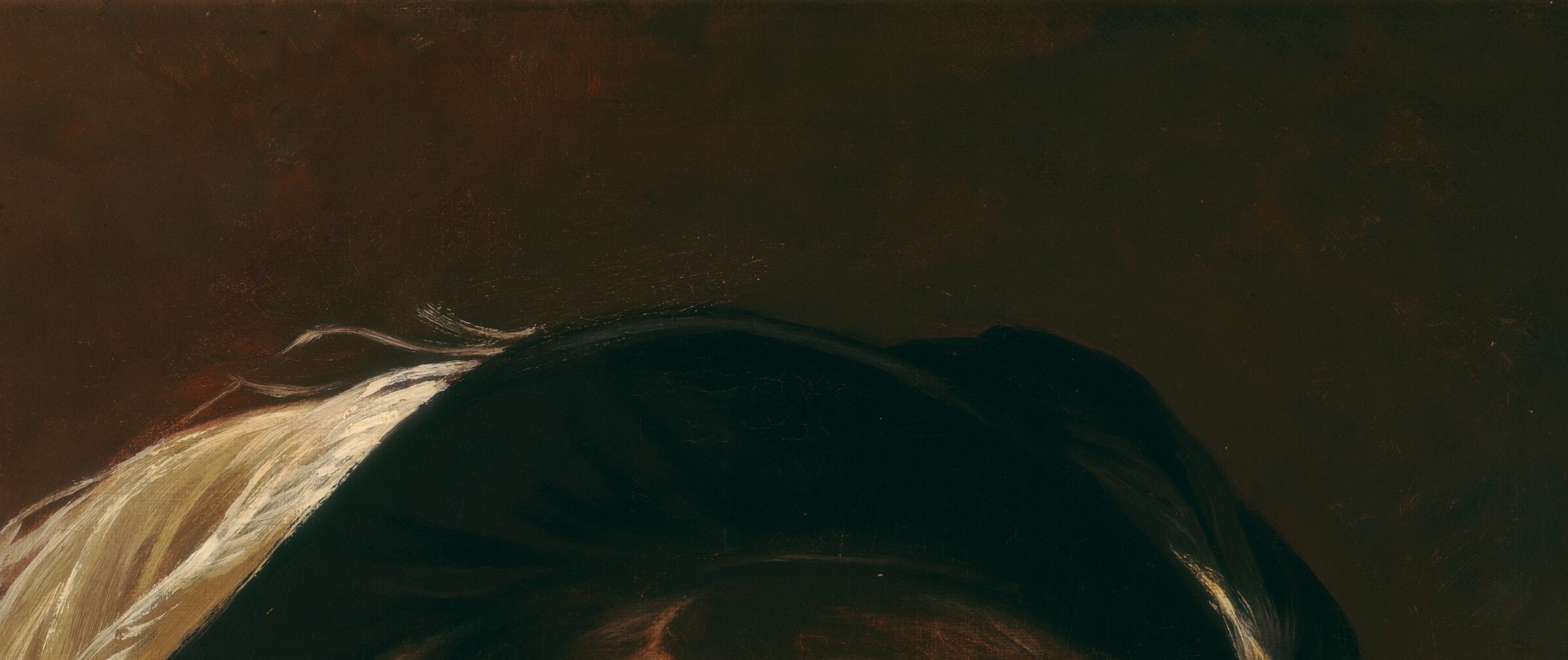 The broad-brimmed bonnet with a dark feather is a high-fashion accessory of the 1830s, signaling wealth and the Biedermeier silhouette of the period.
