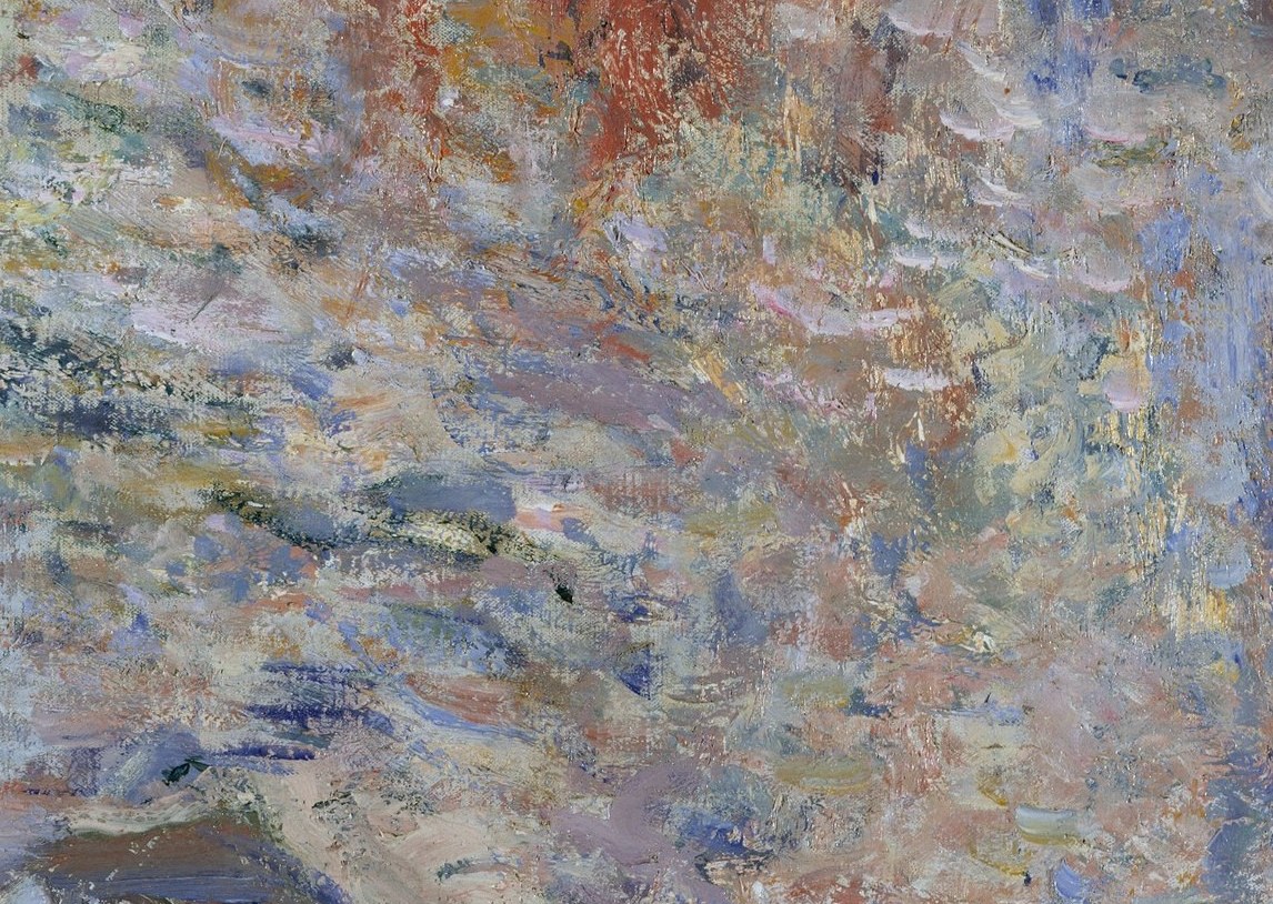 Monet loads the crown of the arch with warm orange and ochre impasto strokes, showing how afternoon light dissolves solid stone into color.