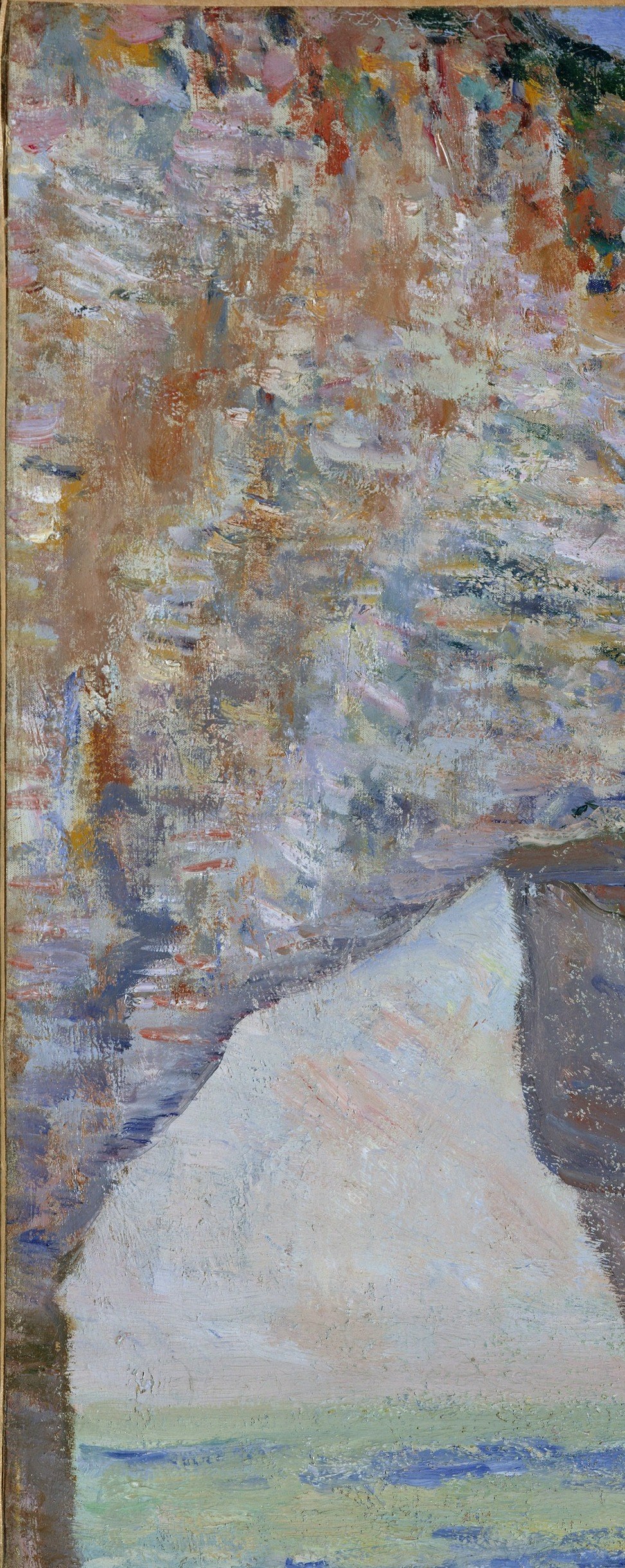 The vertical face is built almost entirely from short diagonal strokes of lavender, grey, and cream , a textbook demonstration of Monet's non-descriptive mark-making technique.