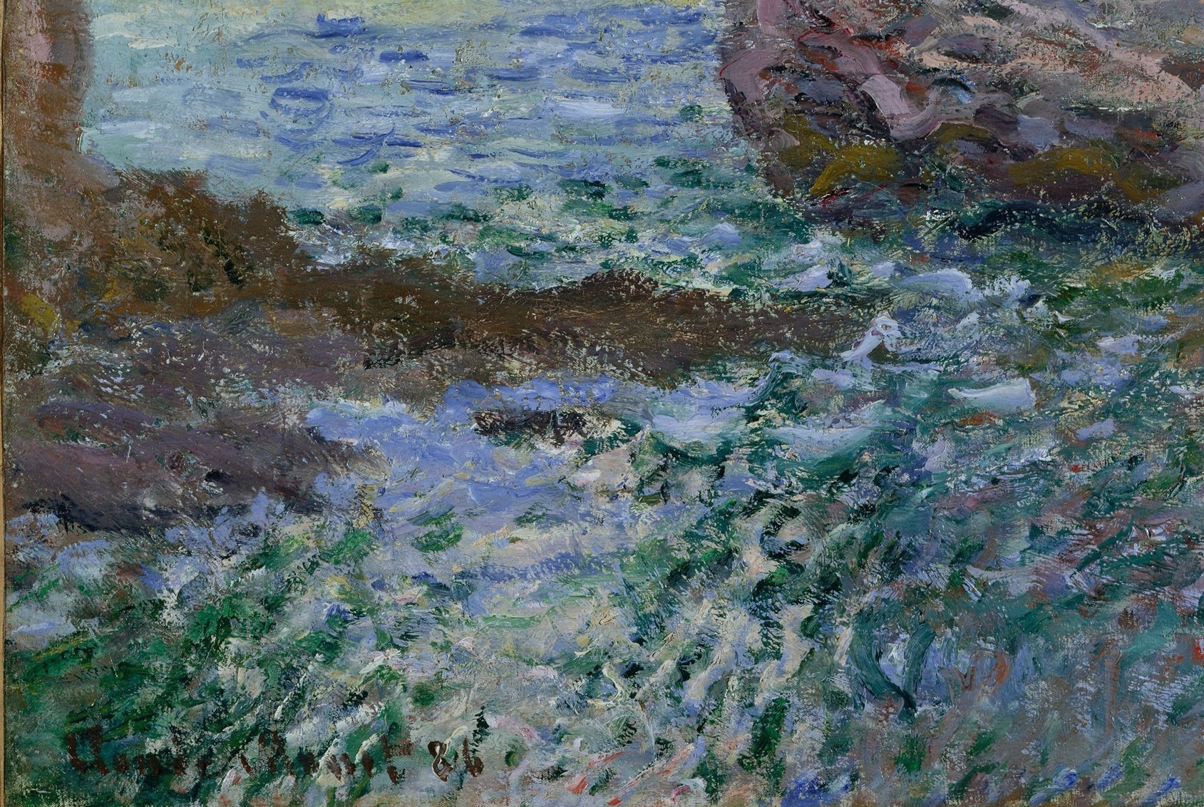 Thick, directional strokes of emerald and white-green describe the surge and retreat of Channel waves , the most energetically painted passage in the canvas.