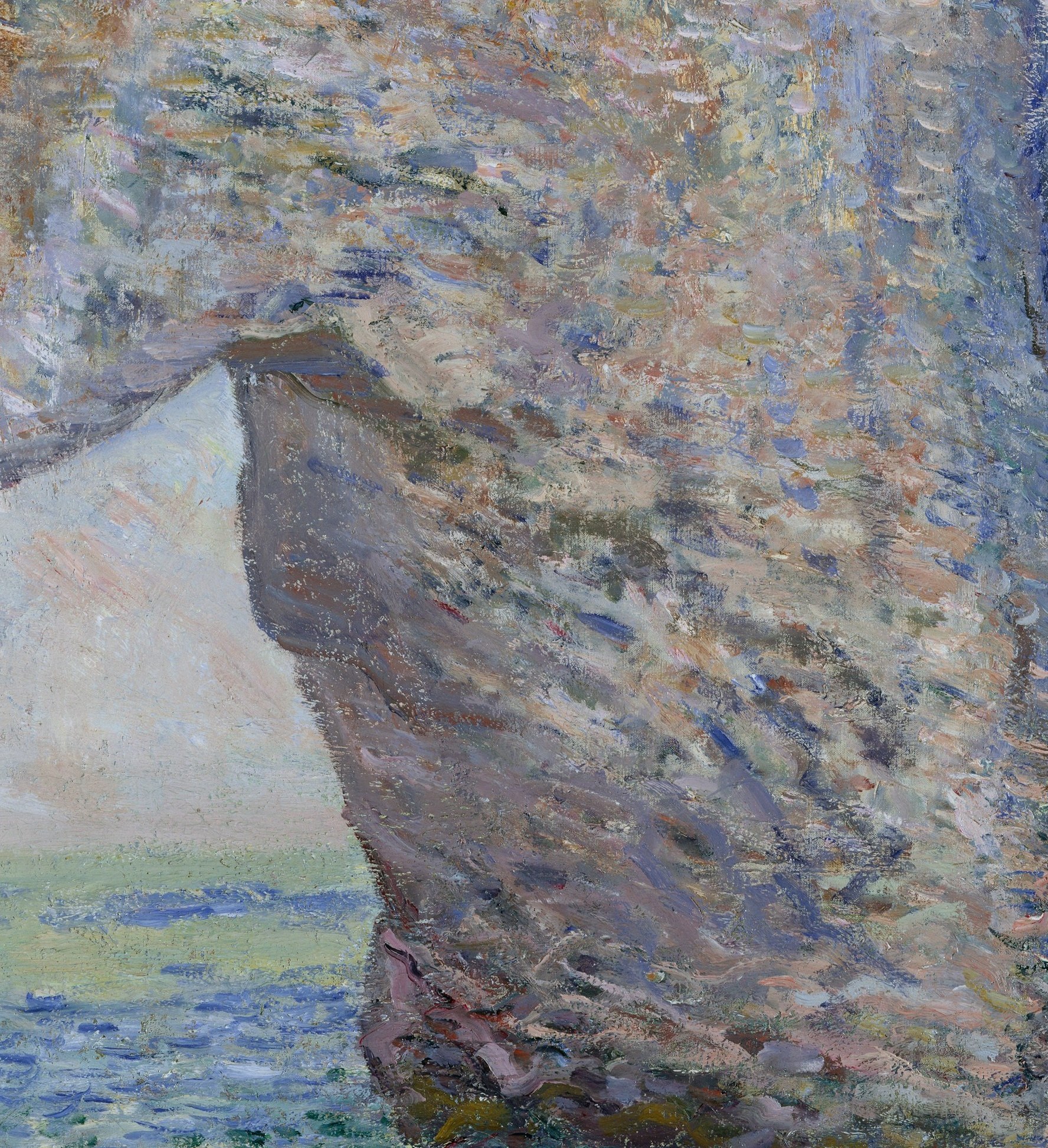 The entire painting pivots around this void , the arch frames a luminous glimpse of open sea and sky, making negative space the emotional center of the composition.