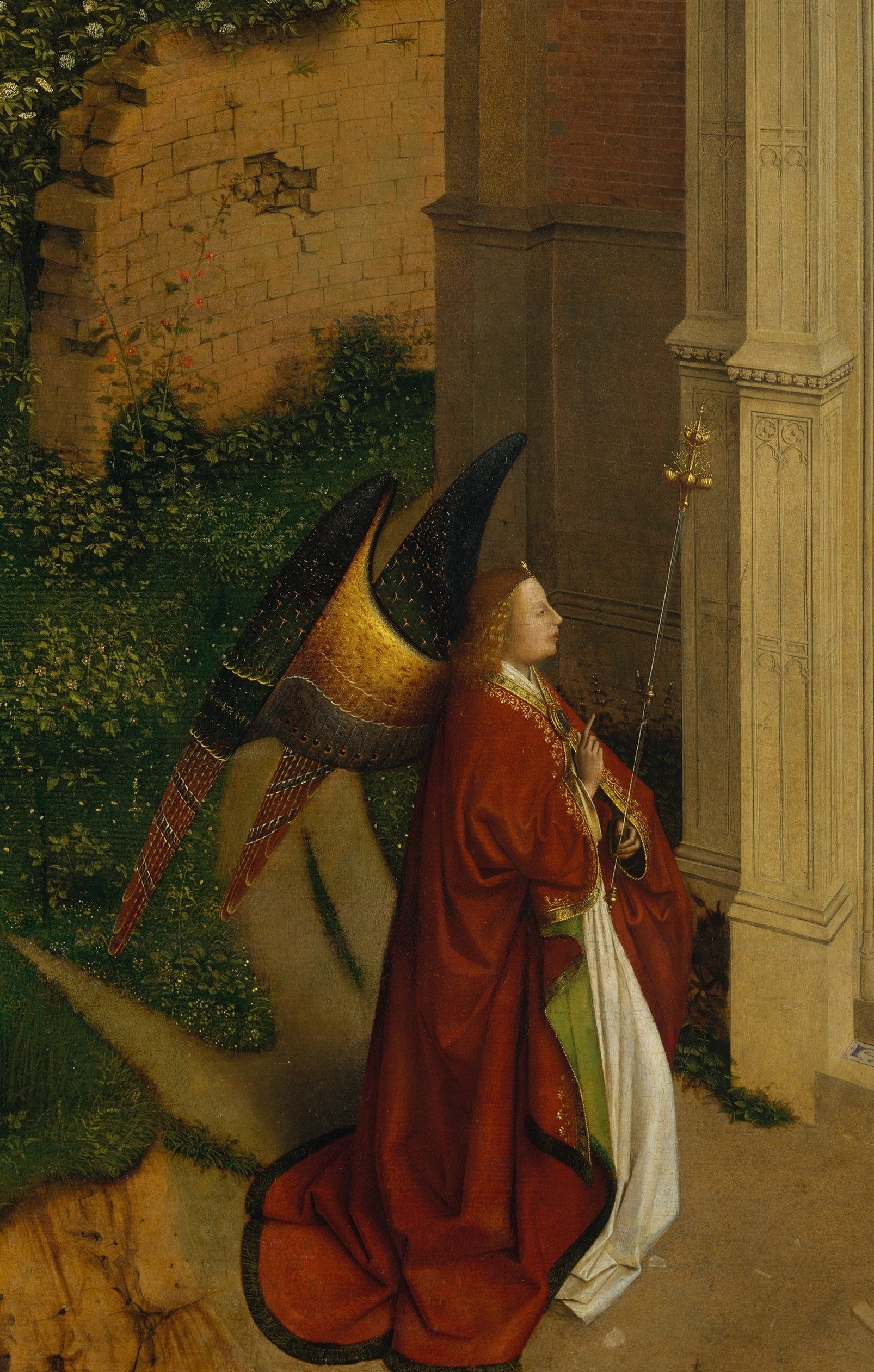 The dominant red commands the left half of the composition; the rendered fabric folds demonstrate Flemish mastery of oil paint as a medium for simulating silk and ecclesiastical brocade