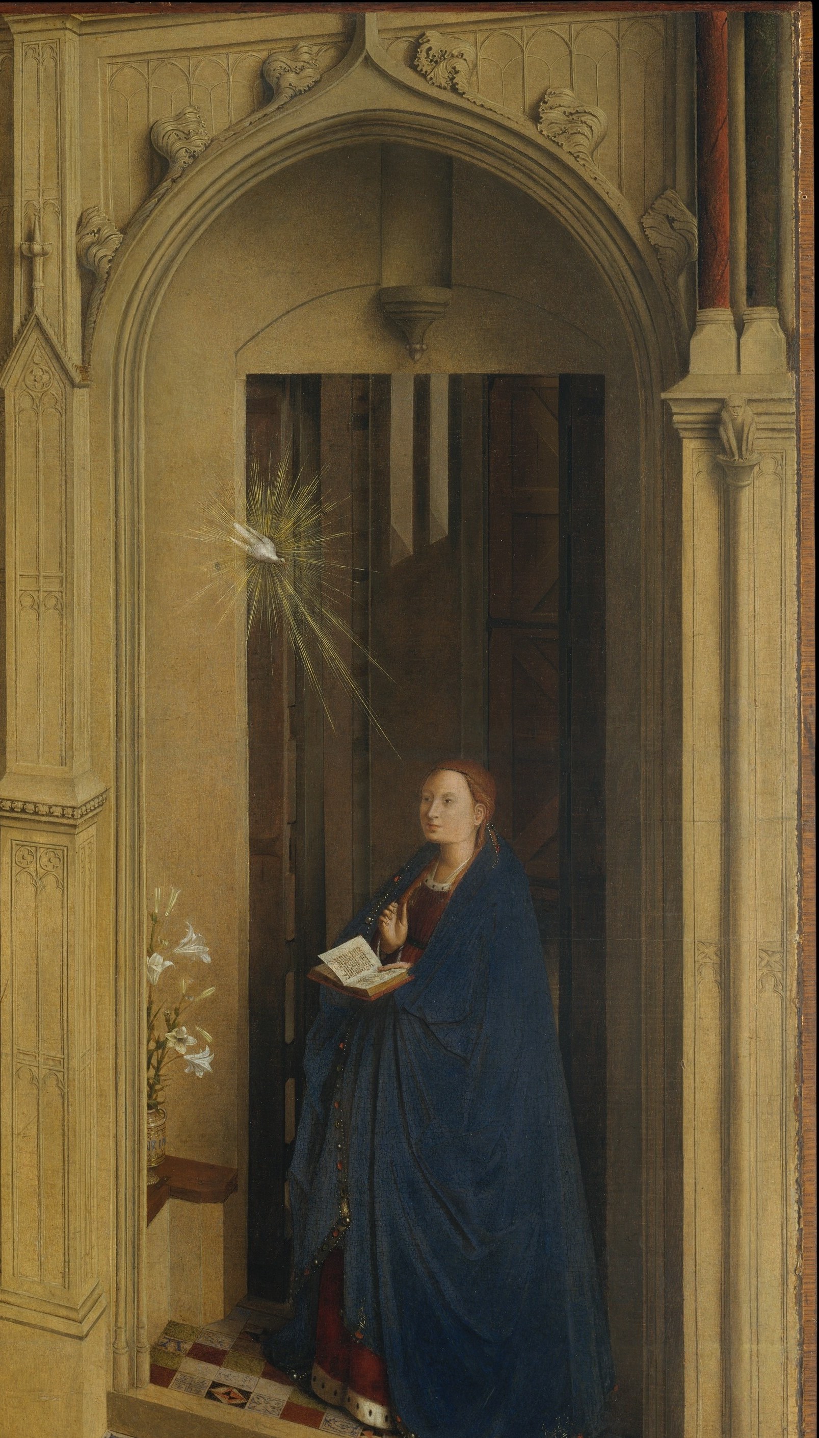 The church doorway frames Mary literally and theologically , she is the porta caeli (gate of heaven); the archway stonework may carry Old Testament carvings in its jambs that repay close inspection