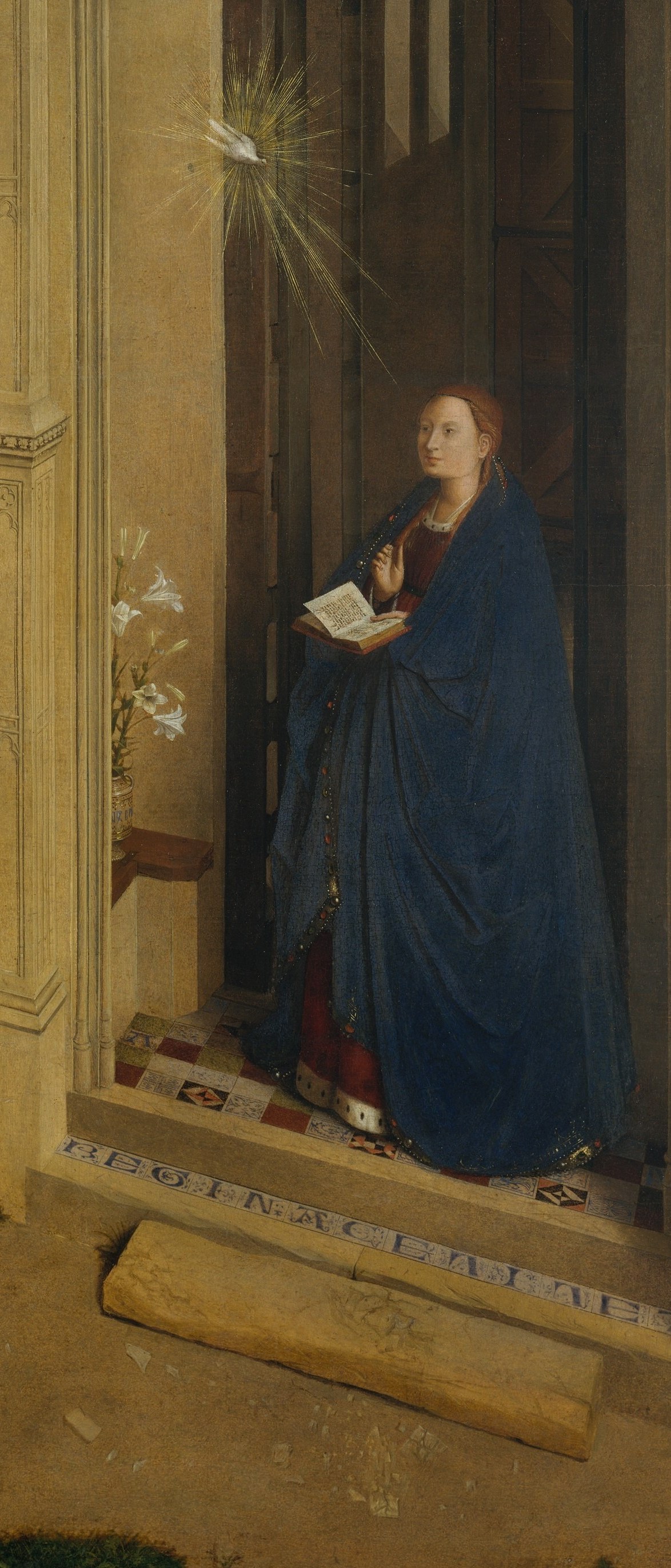 Ultramarine from lapis lazuli was the most expensive pigment in 15th-century Flanders, reserved for the Virgin alone; its richness here signals both donor wealth and theological rank
