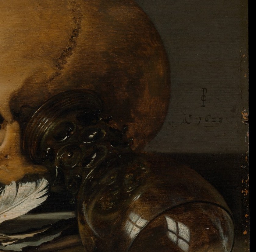 Tipped glass signals pleasure ended; Claesz's transparent-glass rendering against dark background is a technical virtuoso passage , and may carry a faint skull reflection in its curved surface.