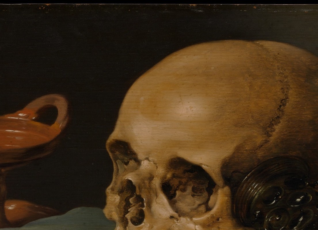 The painting's central memento mori , bleached bone rendered with surgical attention to cranial topography; its sheer scale makes avoiding it impossible.