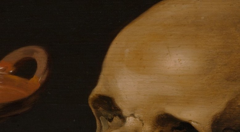 Dark voids substitute for a living gaze, making the skull feel like a surrogate face that stares back at the viewer , the uncanny heart of the vanitas encounter.