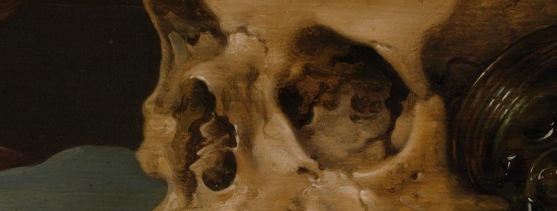 The rictus grin is the universal vanitas emblem , its casual exposure of mortality makes the painting quietly confrontational.