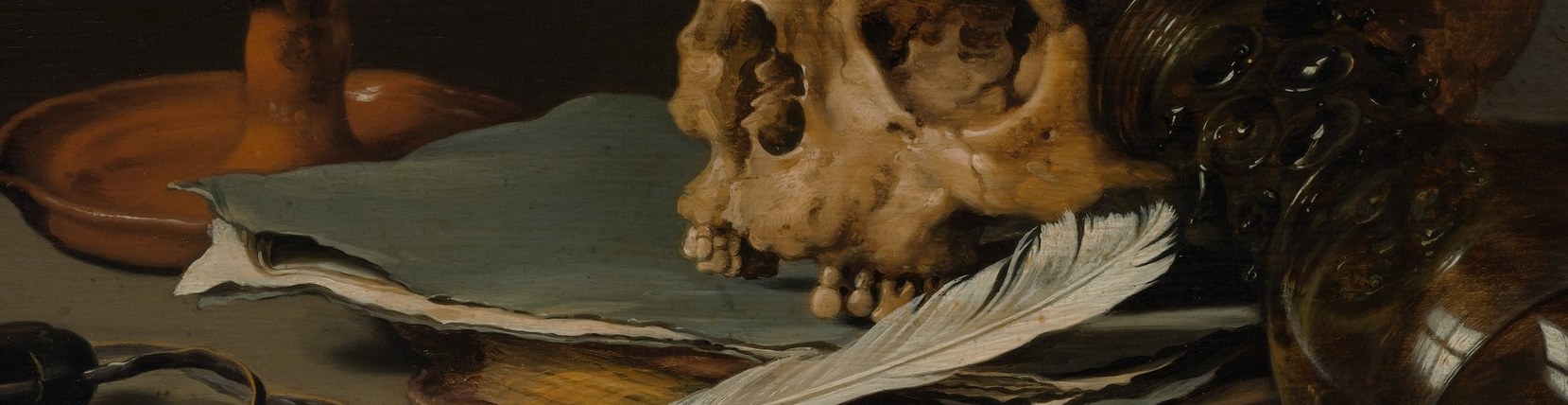 The brightest element in a muted palette; its diagonal arc from lower-left to right links the writer's labor directly to the skull resting above it , the argument of the whole painting in one line.