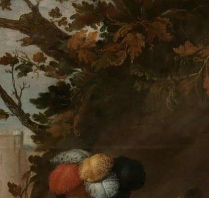 A portrait-quality individual likeness embedded in a history painting , the face bridges propaganda and portraiture, showing the patron as both general and nobleman.