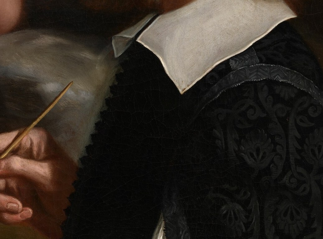The stark white collar framing his neck is a period marker and status signal; its brightness draws the eye from his hands upward to his face in a controlled visual path.