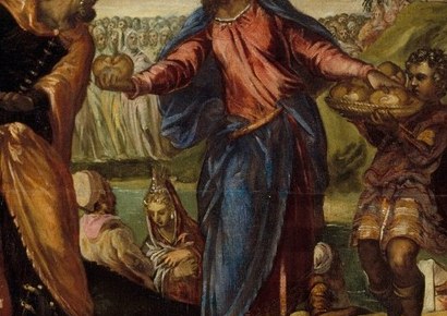 The miraculous objects themselves placed at visual center , Tintoretto's staging invites a Eucharistic reading connecting this meal to the altar