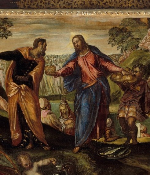 The compositional pivot: the blue robe and elevated stance mark Christ as the miracle's source, arms extended in a gesture of giving that draws every other figure's gaze