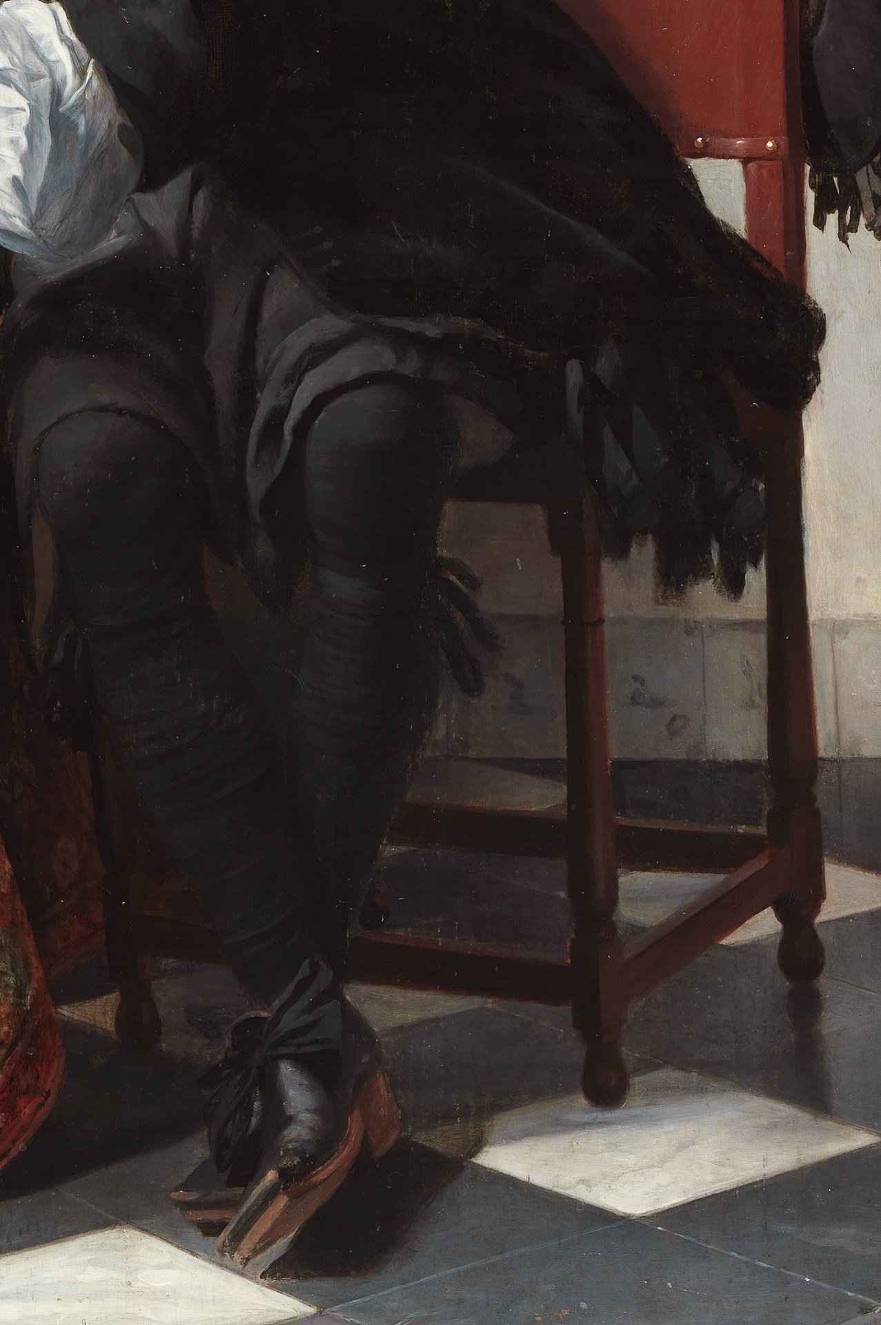 The rich, patterned fabric adds a sense of luxury and domestic comfort, contrasting with the man's solitary task.