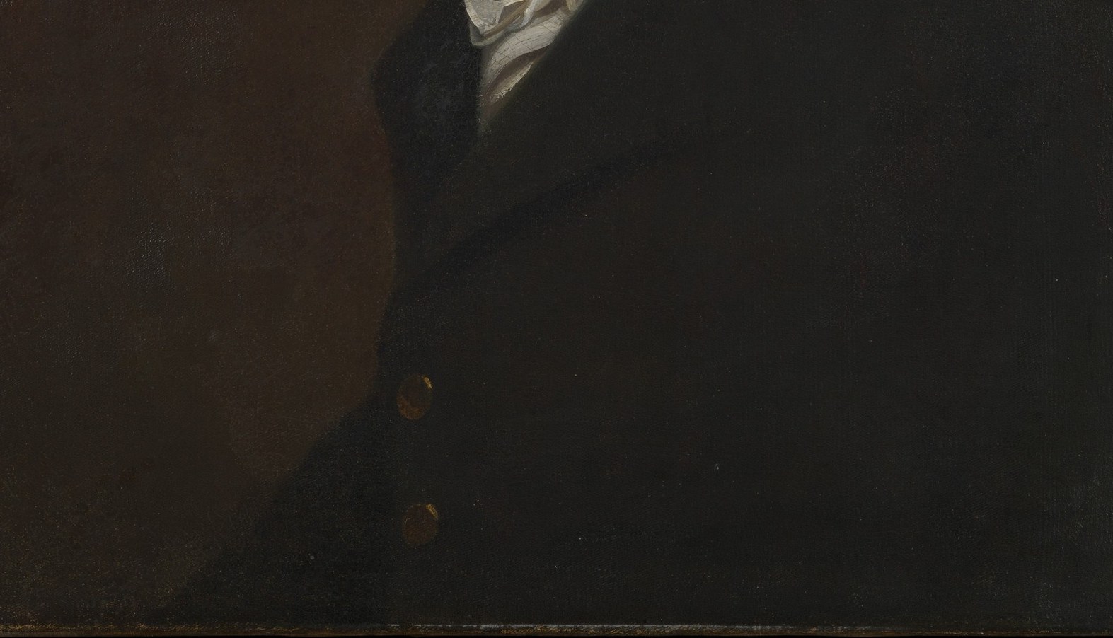 Romney deliberately bleeds the coat into the background so the sitter appears to materialize from shadow , a painterly dissolution of the self.