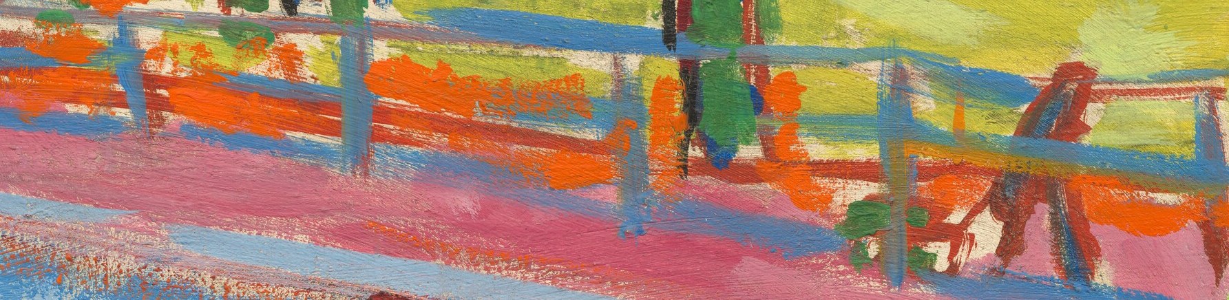 The fence acts as a visual barrier, separating the viewer from the scene and adding depth with its vibrant, broken brushstrokes.