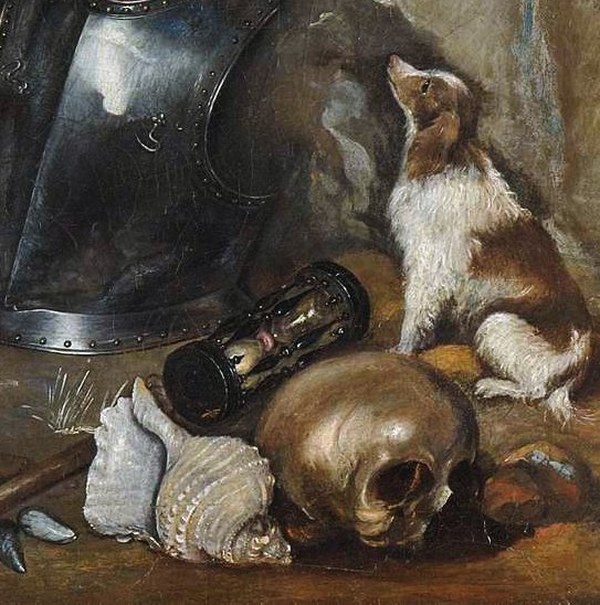 He is surrounded by symbols of life's passing.