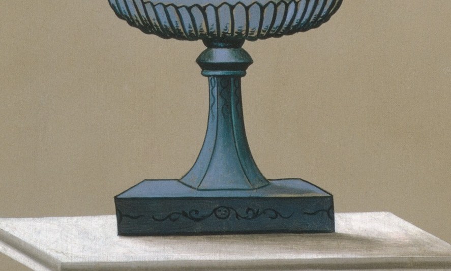 A blue tazza bowl, piled high with late summer fruit.