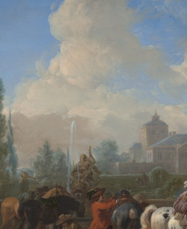 The compositional anchor and Wouwerman's showpiece , the luminous coat catches light against the darker riders and creates an instant focal pull