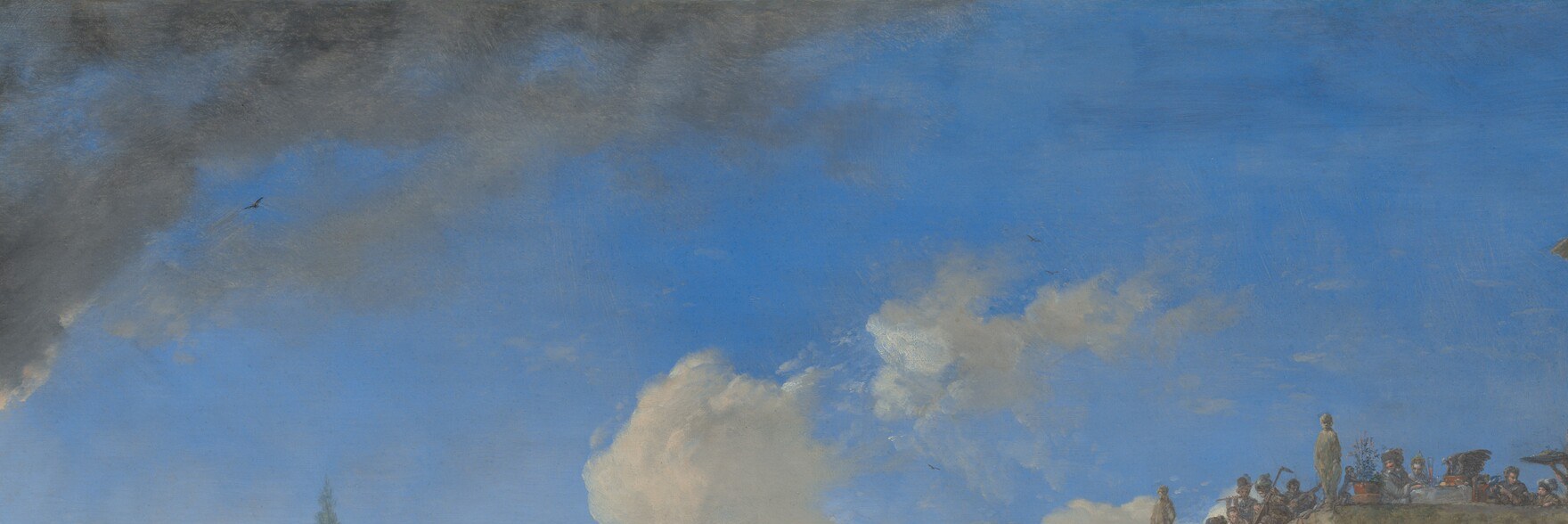 Occupies roughly a third of the panel; the warm-lit cloud tower to the upper centre is a virtuoso landscape passage that sets the mood before anything else registers