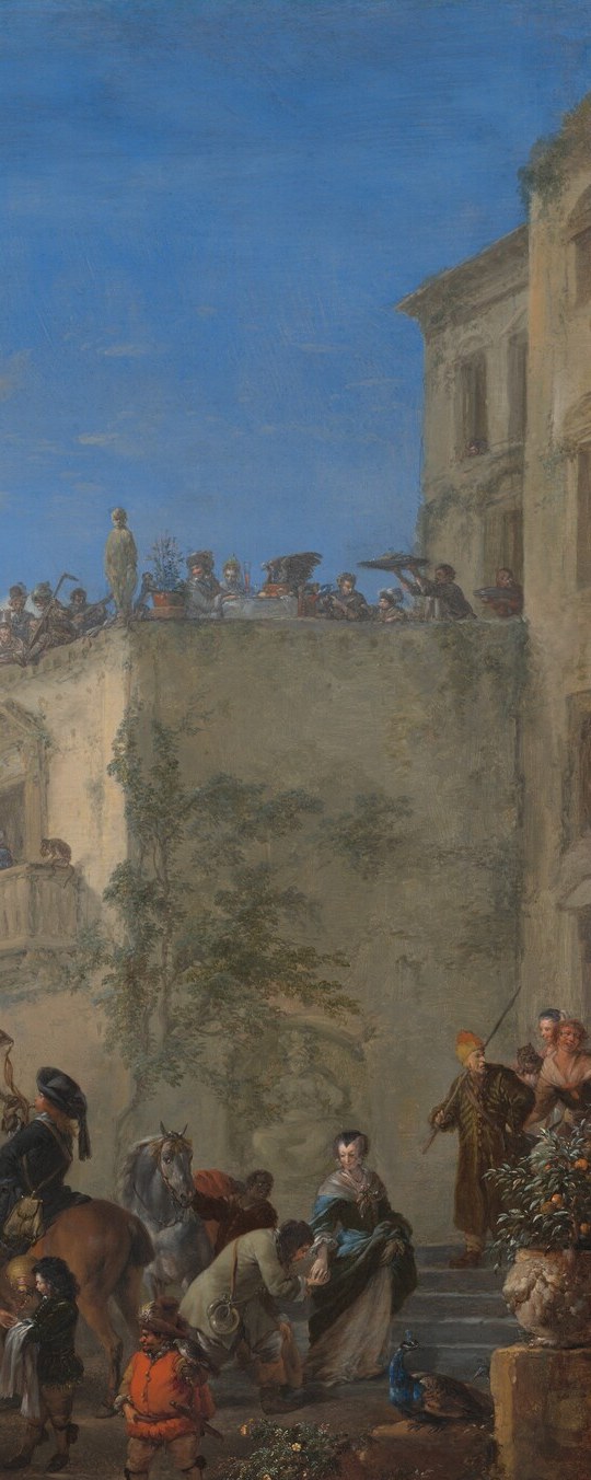 The architecture signals wealth and Italianate taste , Wouwerman sets Dutch hunting scenes in imagined Italian estates to elevate the social status of the subject