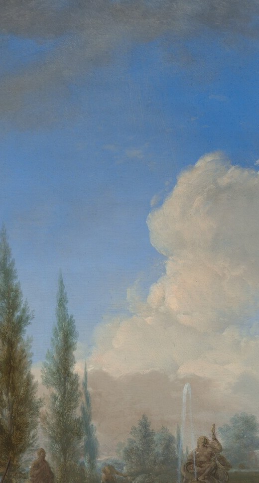 Vertical counterweight to the horizontal frieze of horses; their dark silhouettes frame the sky and were a consistent device Wouwerman borrowed from Italianate landscape tradition