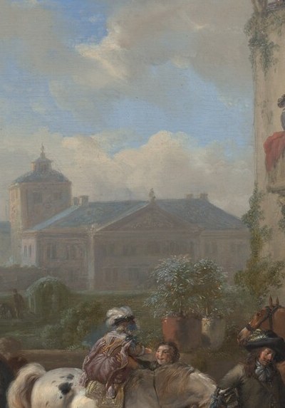 Her red dress is the painting's single warmest note; her presence among the dark-clad huntsmen raises questions about role , patroness, farewell-giver, or wife watching the men depart