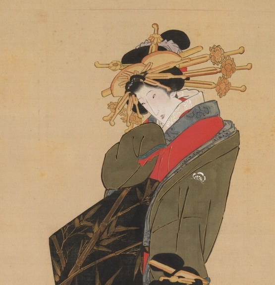 The women's elaborate kimonos showcase the fashion of the era.