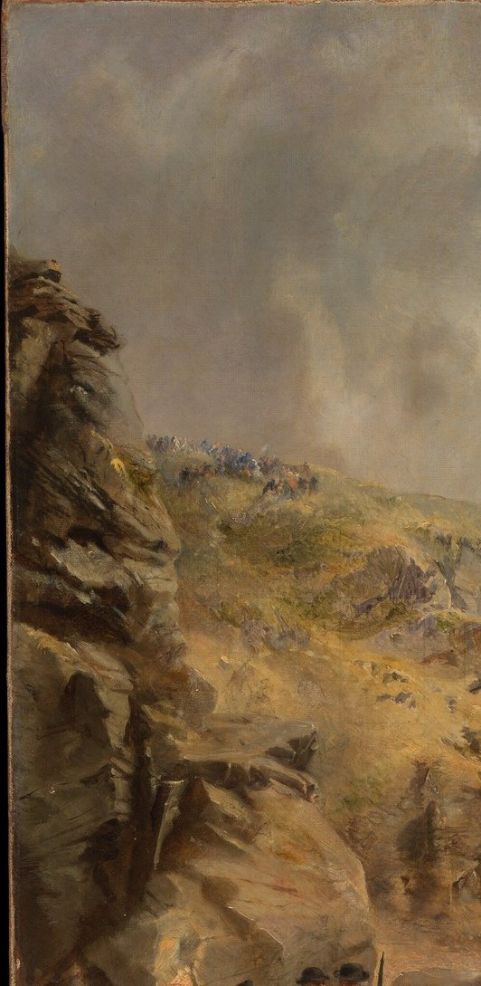 Dudley uses the cliff's geological permanence to contrast with the ephemeral human moment below , nature dwarfing even this landmark feat of engineering.
