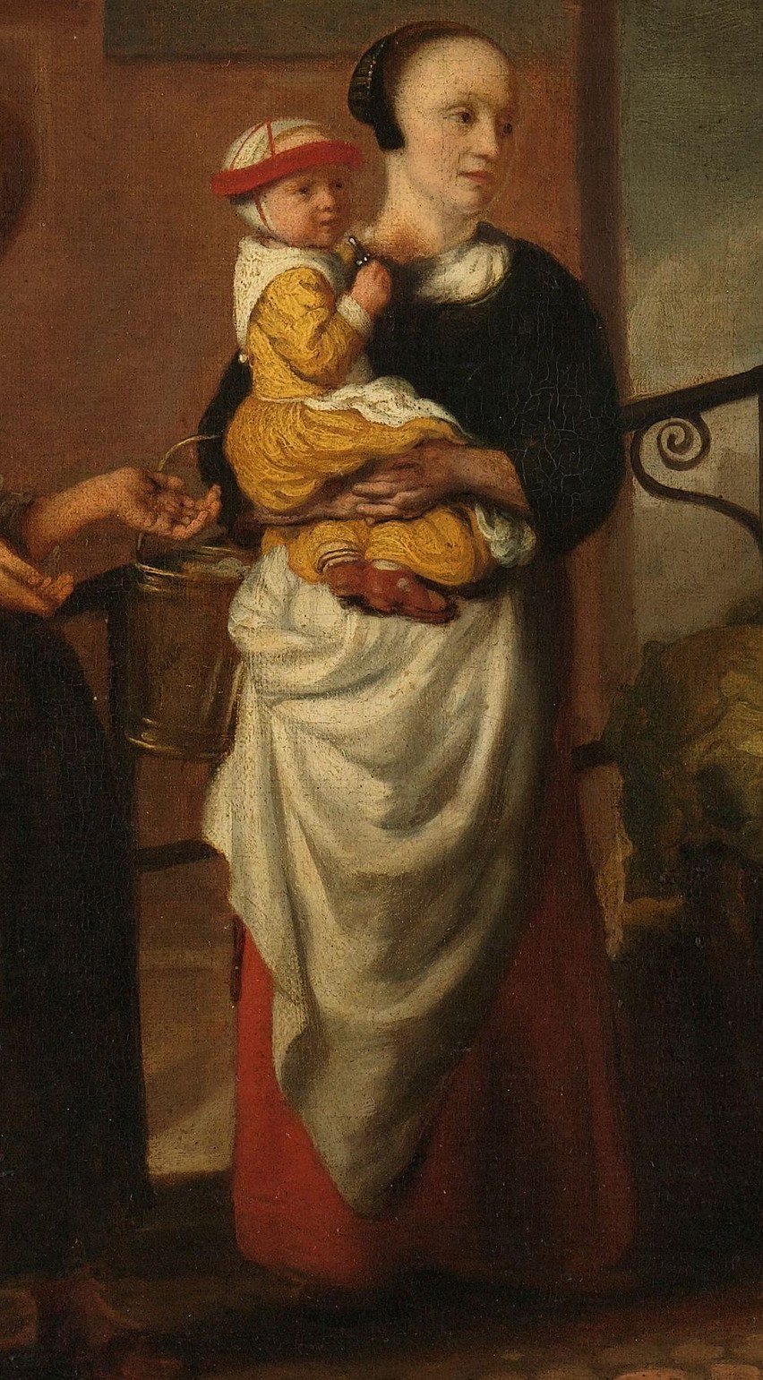 Her gentle posture and the infant's presence suggest themes of motherhood and domesticity within the bustling market.