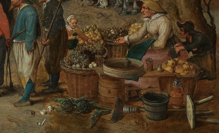 A fruit stall thrives beside the horse trading.