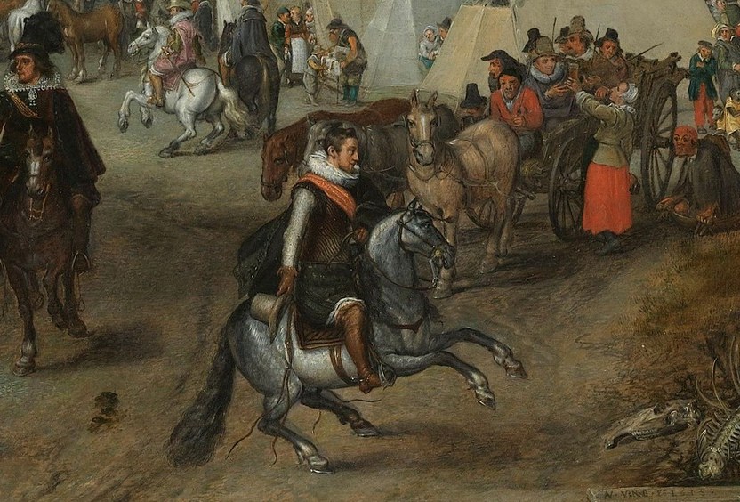 In the center, one horseman surveys the crowd from above.