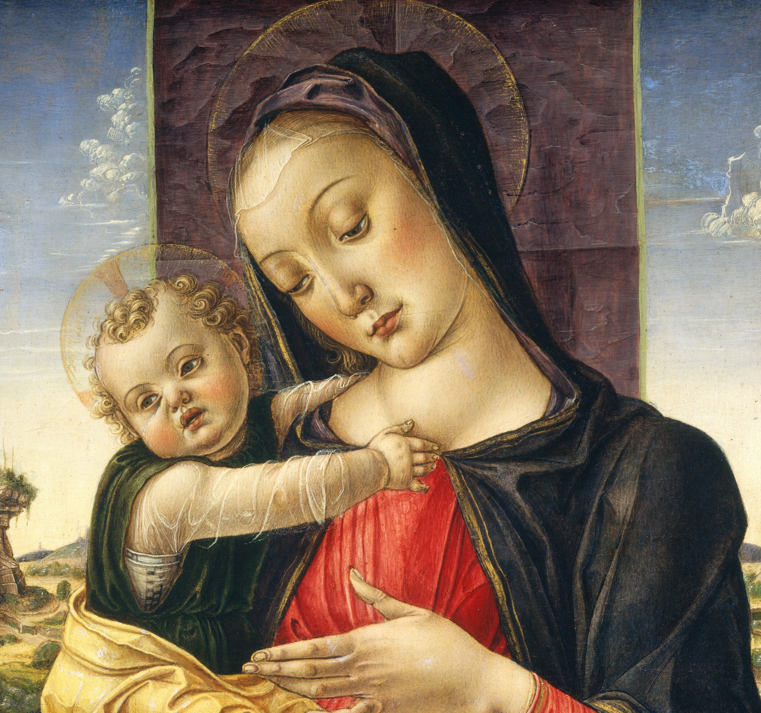 The blue is ultramarine. In 1475, it cost more than gold.