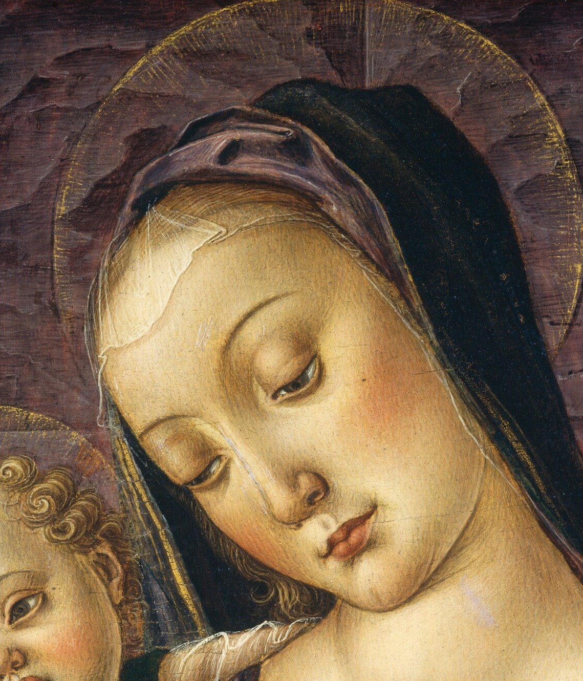 Eyes cast downward in tender contemplation rather than engaging the viewer , an intimate, interior emotion rare before this period