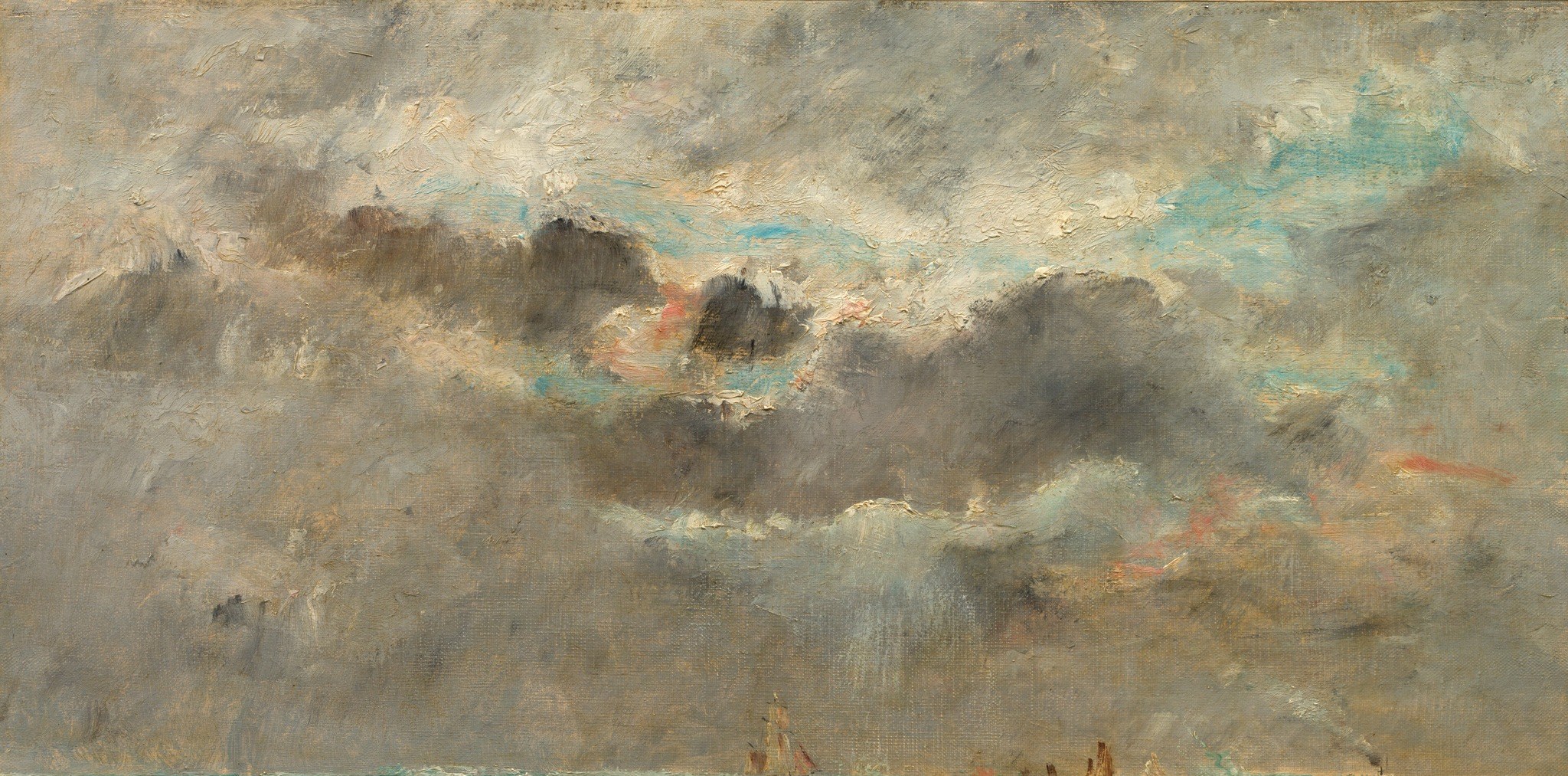 The dramatic, textured clouds convey a sense of impending weather change and add depth to the sky.