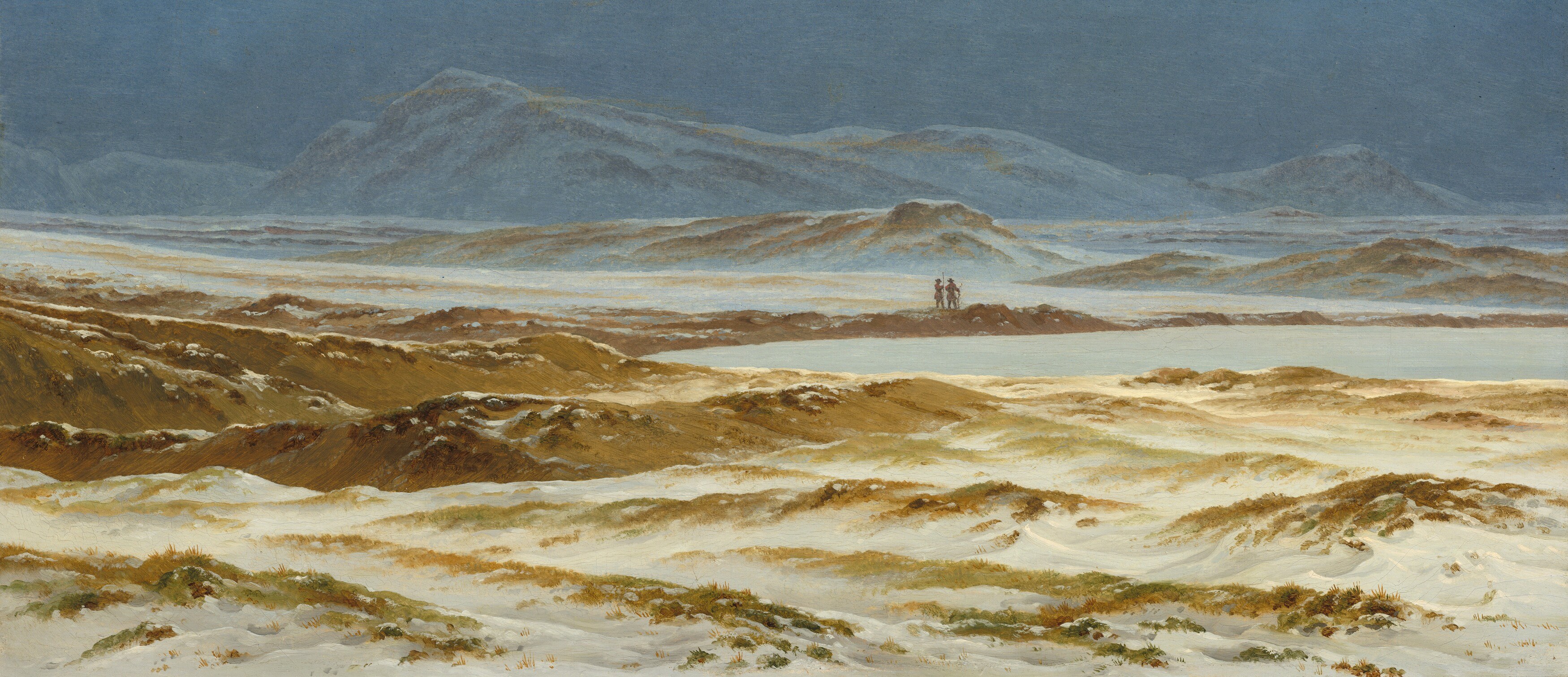 The painting is almost entirely flat planes stacked horizontally , no vertical accent, no tree, no tower; radical compositional austerity that forces the eye toward the infinite horizon