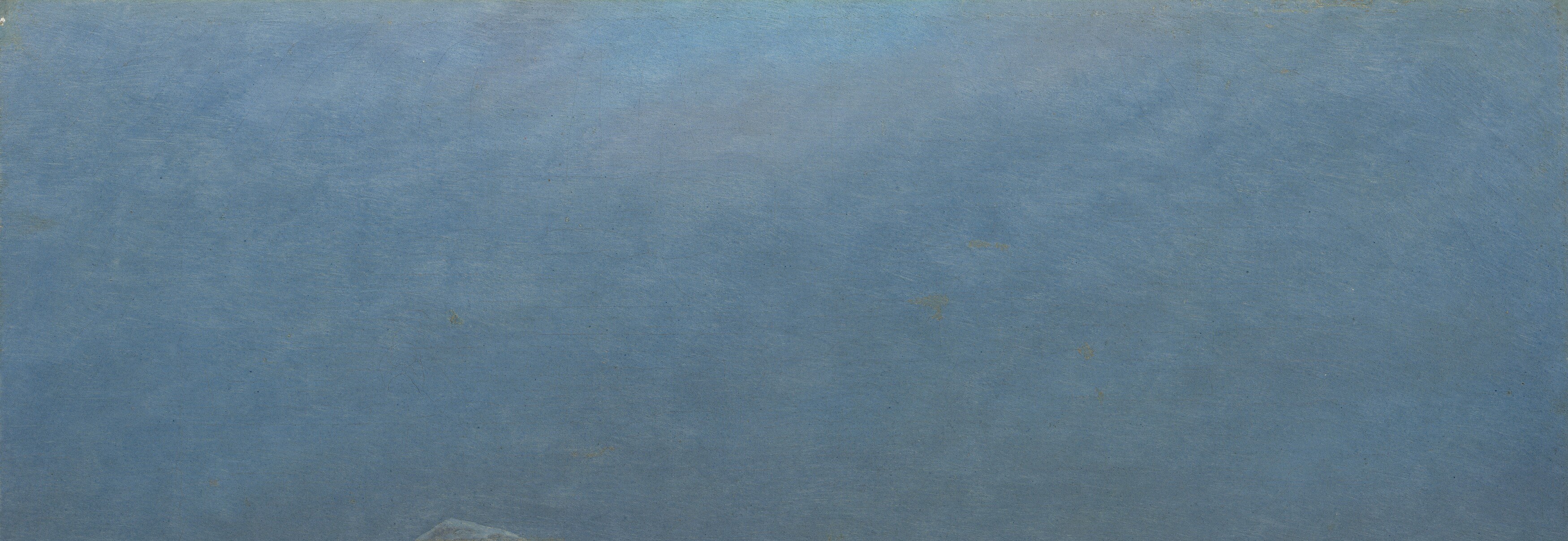Occupies nearly half the canvas; subtle shift from cool gray-blue at zenith to luminous pale gold-white near the horizon , Friedrich uses sky as emotional register, not backdrop