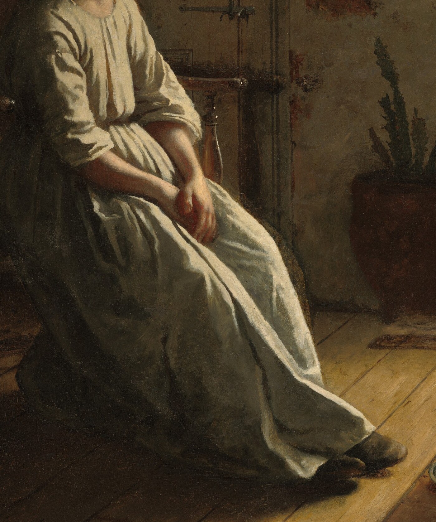 The luminous dress and bare feet emphasize the girl's youthful innocence.