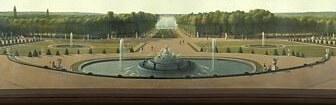 The still water acts as a mirror for the sky, anchoring the entire symmetrical composition and drawing the eye deep into the garden axis.