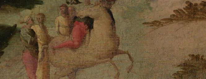 The horse's dynamic pose and the rider's posture create a sense of movement and narrative drive.