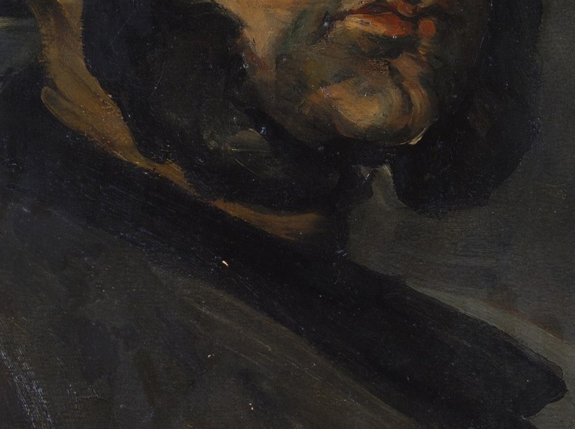 The beard is painted with loose, bold strokes of dark umber and black, giving the lower face a sculptural, almost mask-like weight that contrasts with the soft hat above.