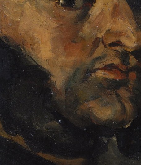 Cézanne builds his face with thick slabs of paint.