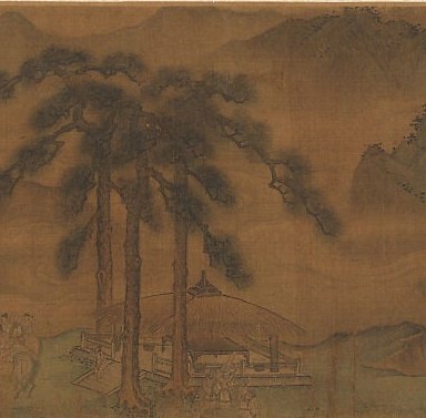 The compositional anchor , multiple tall trunks with spreading canopy dominate the scroll's vertical axis, dwarfing any figures and embodying the journey's imposing scale