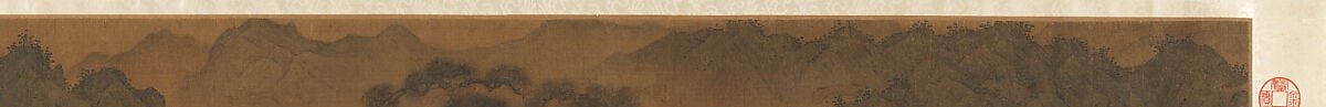 A nearly unbroken pale band of tonal wash that unifies the entire scroll horizontally; mountains dissolve into it , classic Chinese atmospheric perspective