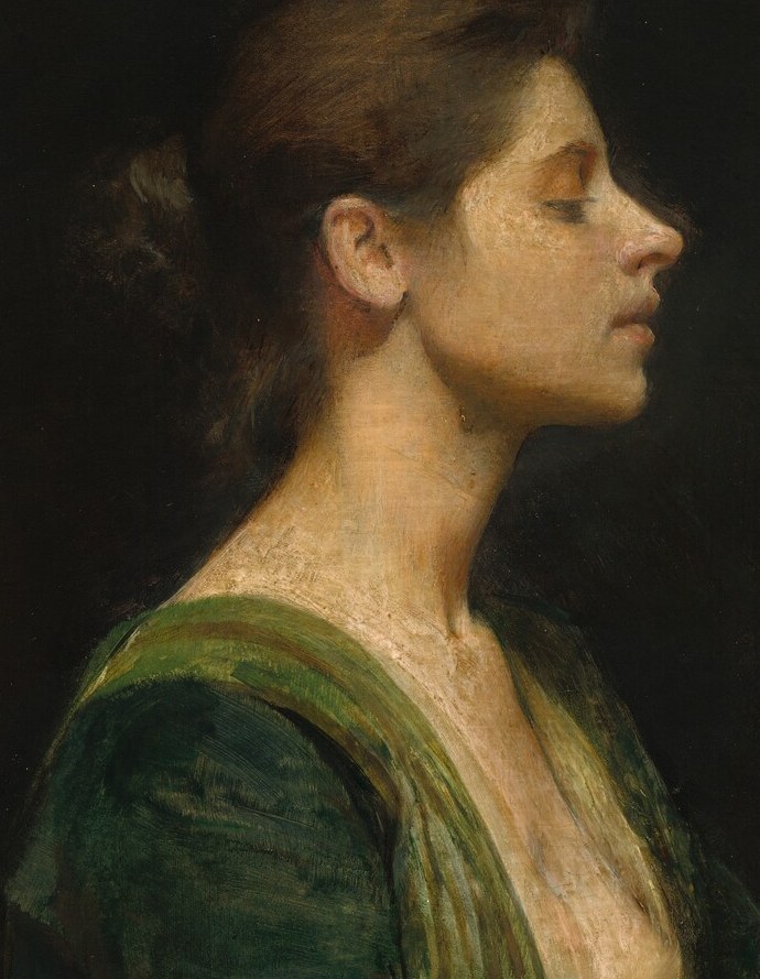 A woman holds a lute, seemingly lost in thought.