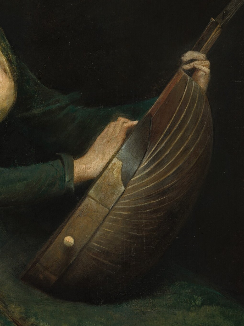 The curved, resonant body of the lute is a focal point, hinting at the music it produces.