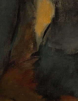 This gesture conveys a sense of quiet repose and connection to the physical space of the museum.