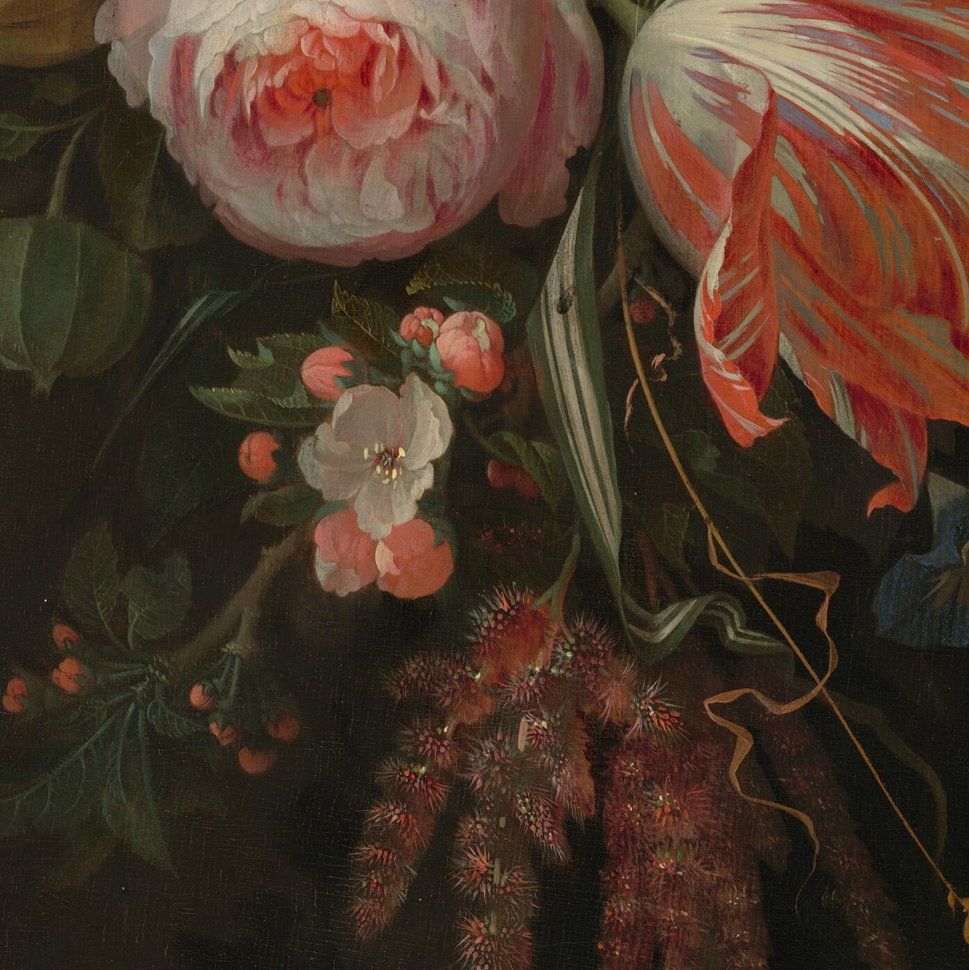 The compositional anchor , densely layered petals show Mignon's petal-by-petal brushwork; the rose at peak bloom is a classic vanitas signal of beauty on the cusp of decay.