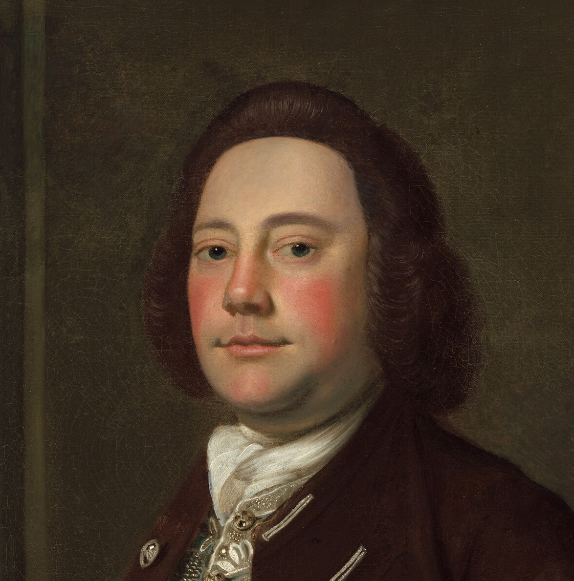 The focal center of the portrait; the composed, slightly guarded expression across 260 years creates an immediate psychological encounter, Blackburn's ability to individualize a likeness while flattering the sitter is most readable here.